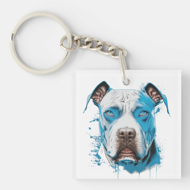 Porte-clefs Pitbull Blanc aux Yeux Bleus | Papa Pitbull (Devant)