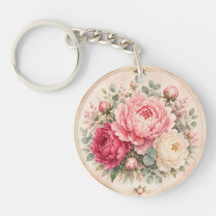 Porte-clefs Pivoines aquarelles rose et framboise romantiques