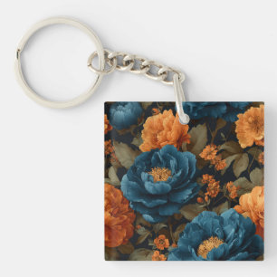 Porte-clefs Pivoines Bleu Profond et Orange Doré
