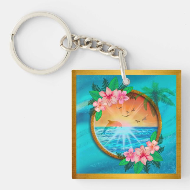 Porte-clefs Plage d'été Océan oiseaux volent dans le ciel et v (Devant)