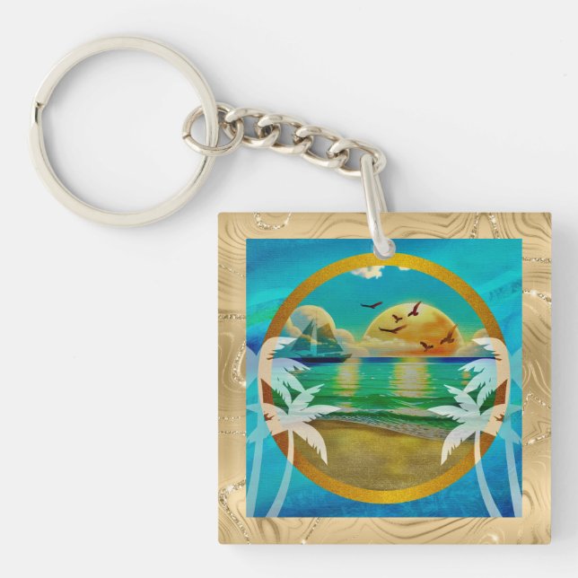 Porte-clefs Plage Tropicale Moderne Palmiers Coucher de Soleil (Devant)