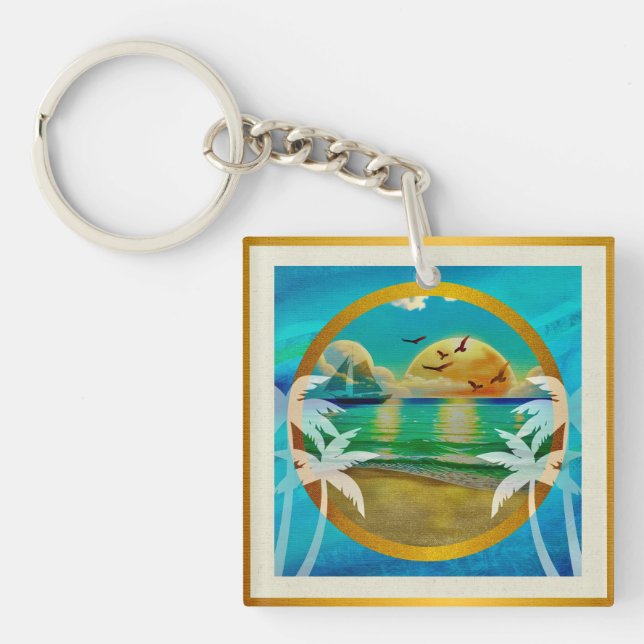 Porte-clefs Plage Tropicale Moderne Palmiers Coucher de Soleil (Devant)