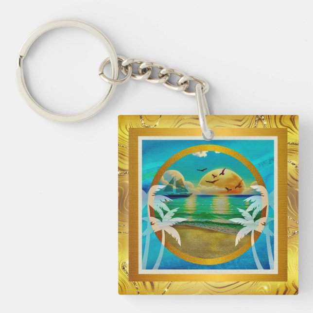 Porte-clefs Plage Tropicale Moderne Palmiers Coucher de Soleil (Devant)