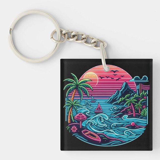 Porte-clefs Plage tropicale/néon hawaïen (Devant)
