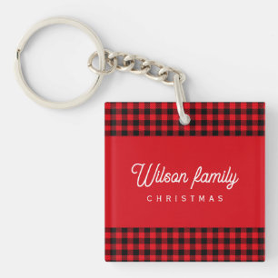 Porte-clefs Plaid de buffle noir monogramme rouge