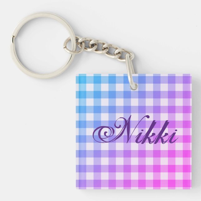 Porte-clefs Plaid En vichy Rose Bleu Moderne Simple Purple Nom (Devant)