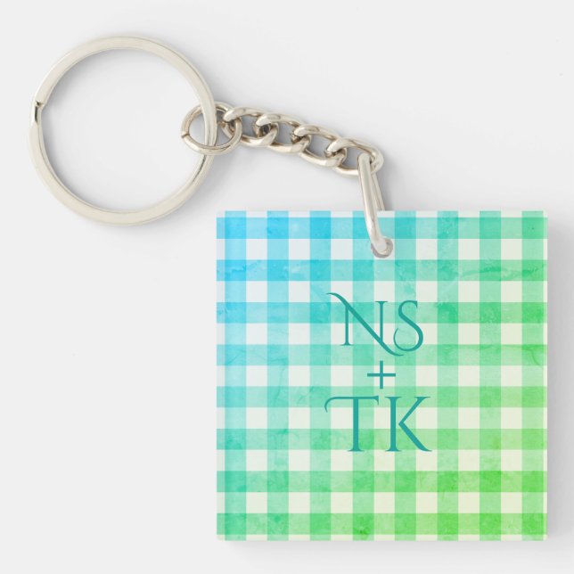 Porte-clefs Plaid Green Blue Ombré Moderne Simple Initiales (Devant)