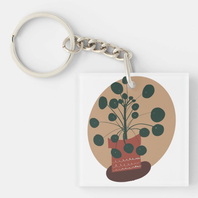Porte-clefs Plante Pilea en pot végétation dessinée à la main (Devant)