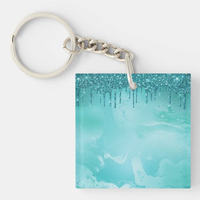 Porte-clefs Pluie de Parties scintillant turquoise sur marbre  (Devant)