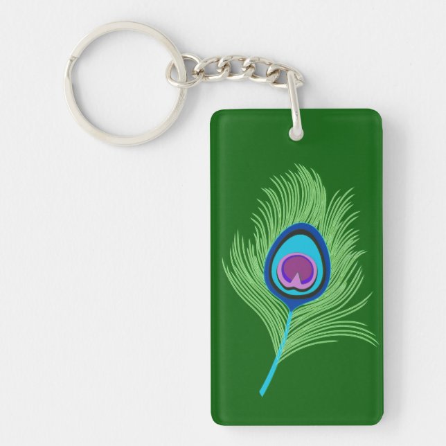 Porte-clefs Plumes de chaux et de paon bleu sur vert émeraude (Devant)