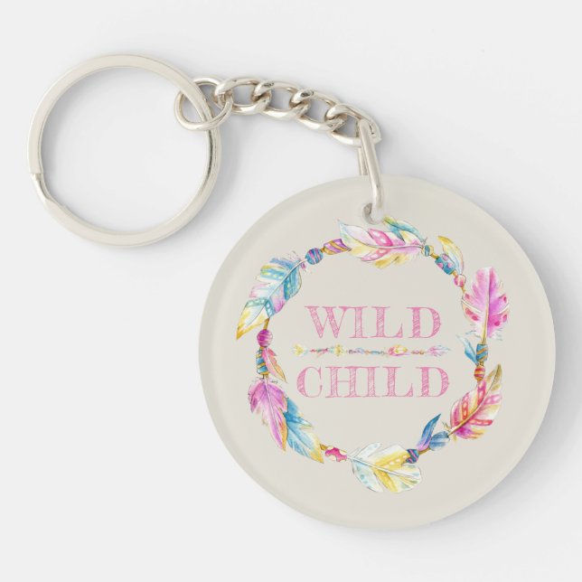 Porte-clefs Plumes d'enfant sauvage coloré aquarelle art (Devant)