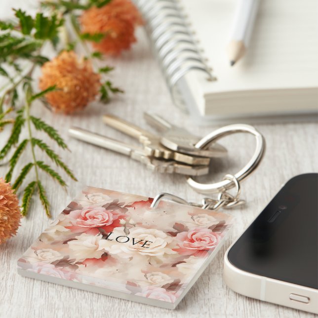 Porte-clefs Plutôt rose Crème Bleue Rose Floral (Devant Droit)