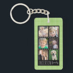 Porte-clefs Points blancs de vert de collage de photo de<br><div class="desc">Ce porte - clé acrylique offre six cadres faits sur commande de photo pour que vous ajoutiez un collage de vos photos de famille préférées. L'arrière - plan est vert clair avec un petit motif de point blanc. Le texte fait sur commande, près du fond, vous permet d'ajouter votre nom....</div>