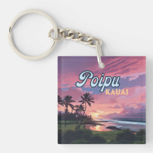 Porte-clefs Poipu Kauai Hawaii Plage Palmiers Rétro