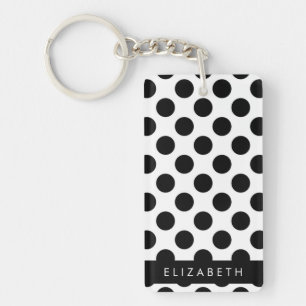 Porte-clefs Pois noirs et blancs, pointillés, Votre nom