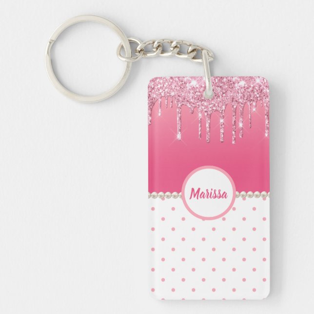 Porte-clefs Pois roses et Parties scintillant argent perche pe (Devant)