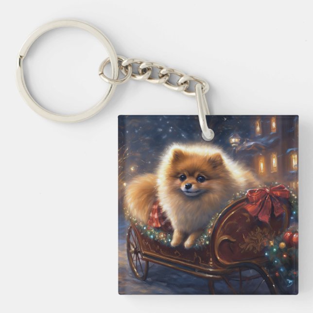 Porte-clefs Pomeranian Fêtes de Noël Brossé (Devant)