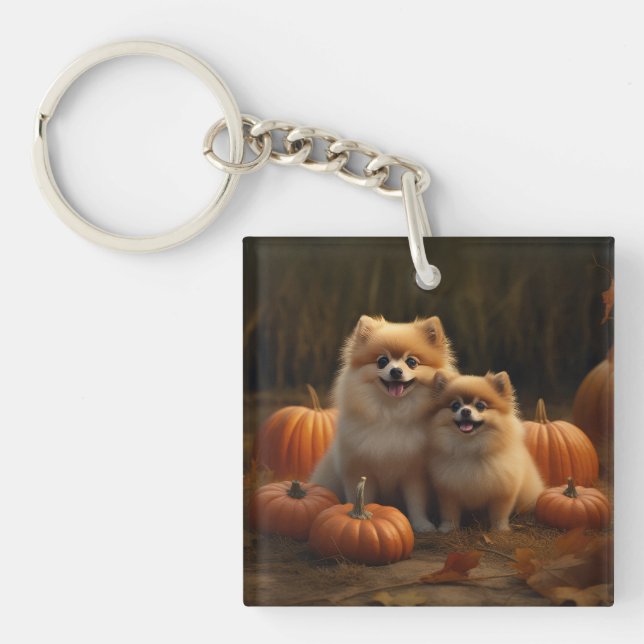 Porte-clefs Poméranien Chiot Automne Citrouille délice (Devant)