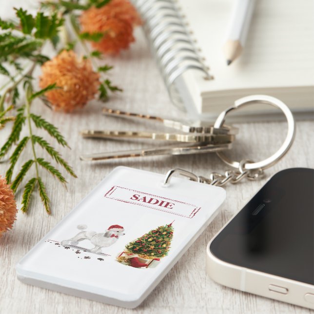 Porte-clefs Poodle blanc Funny Chien de Noël avec arbre (Devant droit)