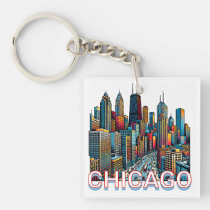 Porte-clefs Pop art Comic Book Art Chicago Illinois Skyline