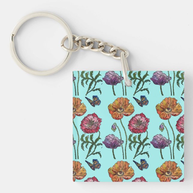 Porte-clefs Poppies de pavot rouge orange Aqua floral (Devant)