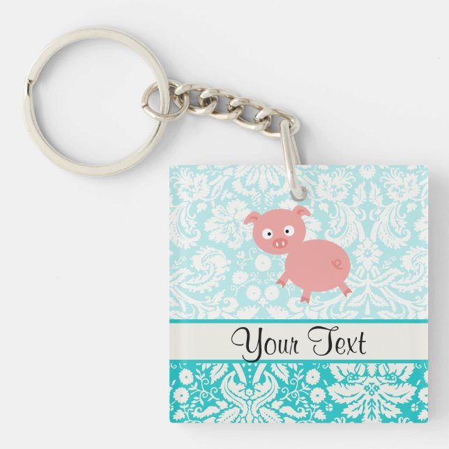 Porte-clefs Porc rose mignon ; Damassé turquoise (Devant)