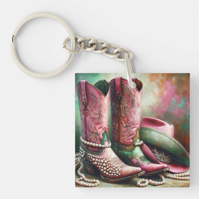 Porte-clefs Porte - clé Boots de cowboy rose et vert (Devant)