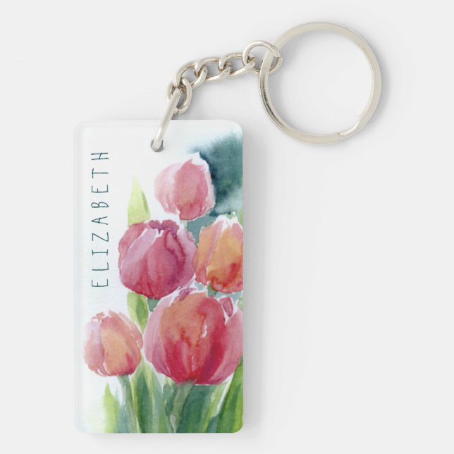 Porte-clefs porte - clé des fleurs d'aquarelle des tulipes rou (Dos)