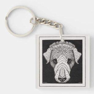 Porte-clefs Portrait de chien en gravure sur bois Art Nouveau
