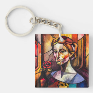 Porte-clefs Portrait de femme en verre Abstrait avec Rose