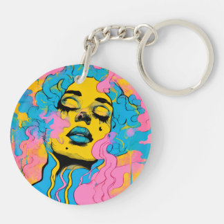 Porte-clefs Portrait de femme psychédélique coloré Impression
