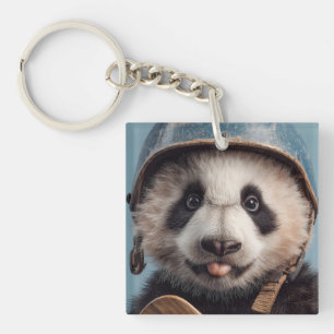 Porte-clefs Portrait de panda géant avec casque bleu vintage