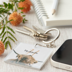 Porte-clefs Portrait de vache Highland nom personnalisé monogr
