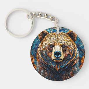 Porte-clefs Portrait d'ours grizzly dans un art de vitrail