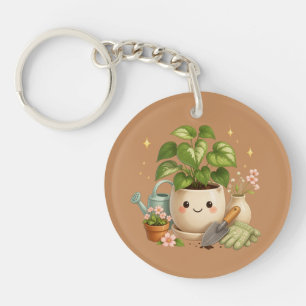 Porte-clefs Pot de plante heureuse avec fleurs et outils de ja