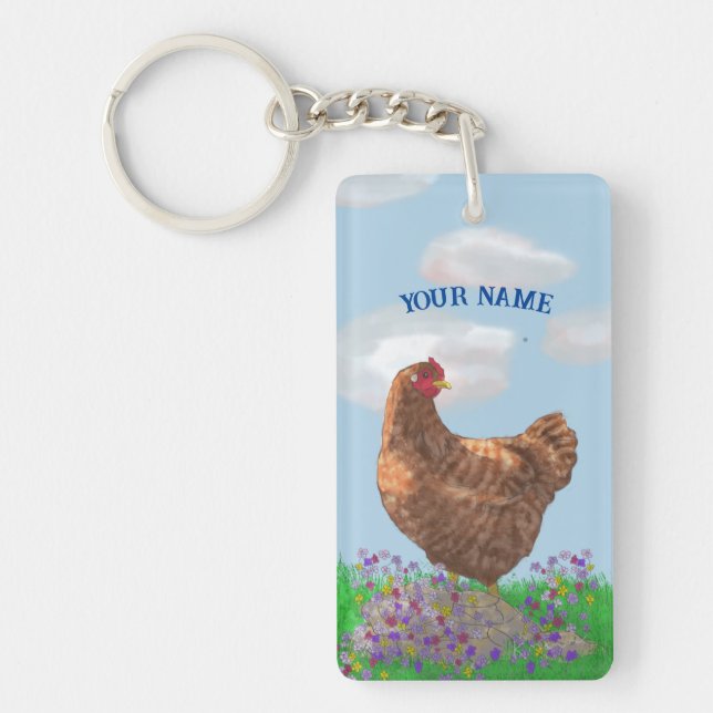 Porte-clefs Poulet d'aquarelle et Fleurs sauvages (Devant)