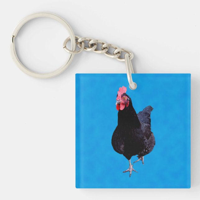 Porte-clefs Poulet Noir Sur Arrière - plan Bleu Éponge, (Devant)