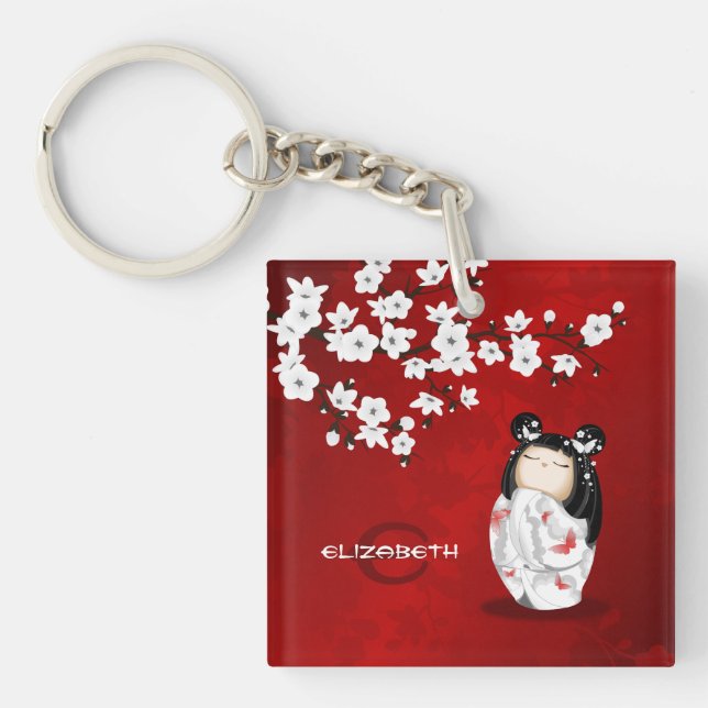 Porte-clefs Poupée Kokeshi Rouge Noir Et Blanc Clé De Fleur De (Devant)