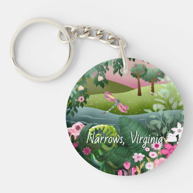 Porte-clefs Pré rose avec libellule peint à la main (Devant)