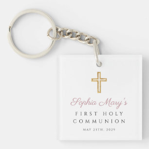 Porte-clefs Première communion fille photo rose moderne