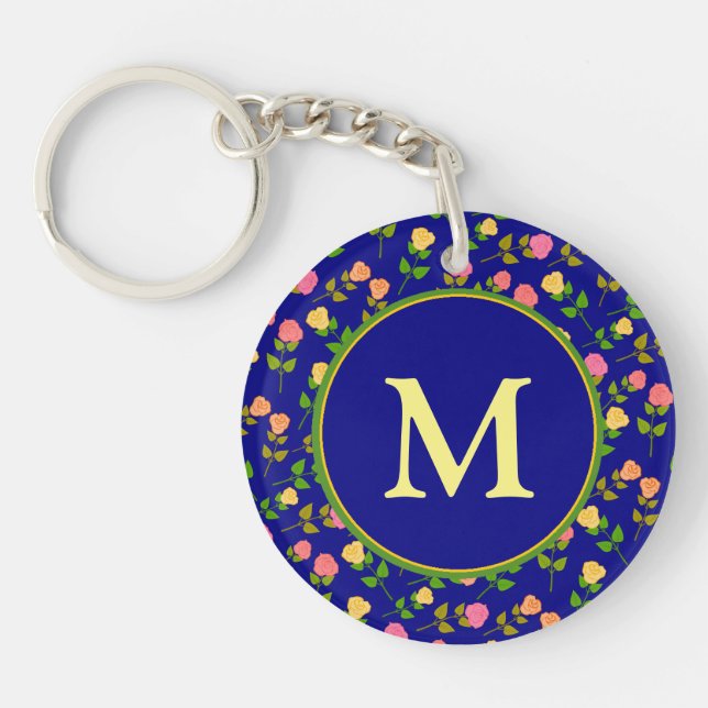 Porte-clefs Pretty Blue Rose Pattern Monogram (Devant)