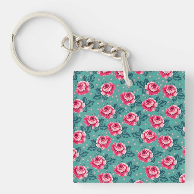 Porte-clefs Pretty Pink Roses and Polka Dot Pattern on Teal (Devant)