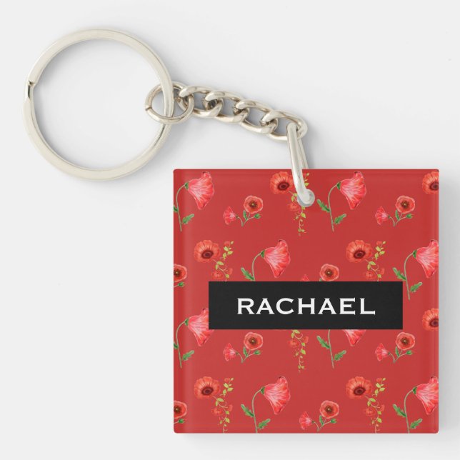 Porte-clefs Pretty Red Poppies Pattern Personalised (Devant)