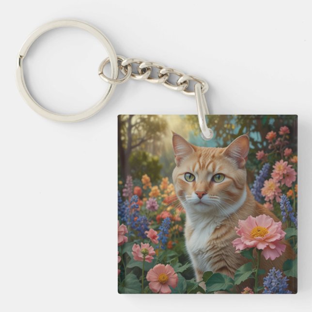 Porte-clefs Pretty white orange cat in floral garden (Devant)