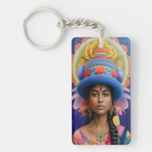 Porte-clefs princesse asiatique avec grand casquette bleu