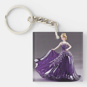 Porte-clefs princesse en verre cristal avec robe violette