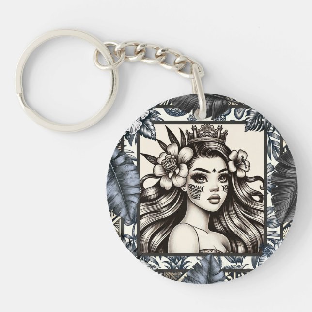 Porte-clefs Princesse Polynésienne Fleurie Tribale Bleue (Devant)