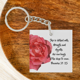 Porte-clefs Proverbes 31:25 Rose rouge coutume chrétienne