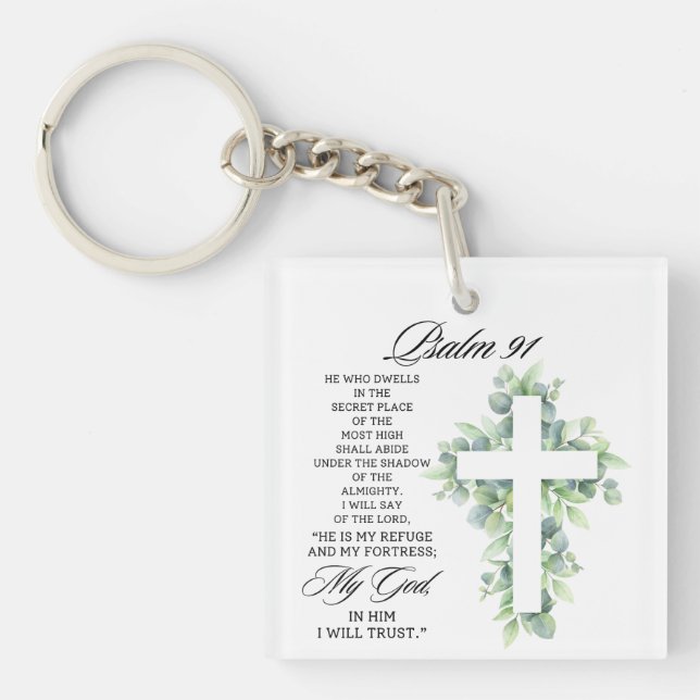 Porte-clefs Psalm 91:1-2 Religious Cross Greenery Bible Verse (Devant)
