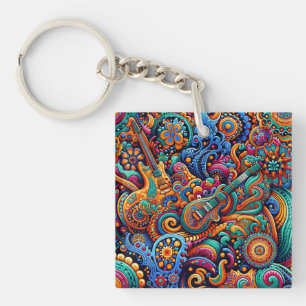 Porte-clefs Psychédélique Batik Guitare Art-Colorful Musique R